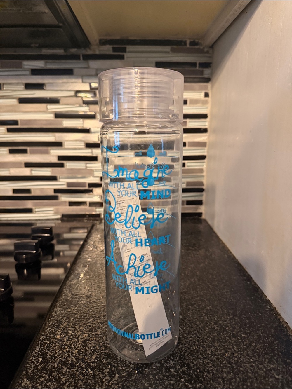 Clear Motivational Plastic Water Bottle with Blue Text